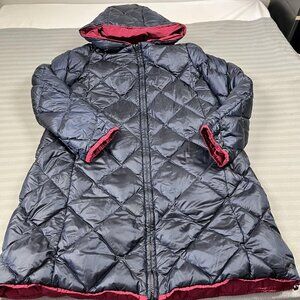 Weekend Max Mara Down Puffer Coat Womens 10 Navy Blue Red Reversible Hooded